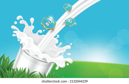 Pour fresh milk with nutrients into a glass and the milk splashes out. and a glass of milk placed on lawn in the soft sunlight morning glow from behind,vector 3d for food and drink advertising design