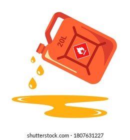pour gasoline from the can. harmful puddle of petroleum products. pollution of ecology by oil. flat vector illustration.