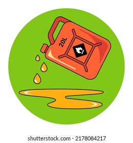 pour gasoline from the can. harmful puddle of petroleum products. pollution of ecology by oil. flat vector illustration.