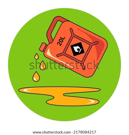pour gasoline from the can. harmful puddle of petroleum products. pollution of ecology by oil. flat vector illustration.