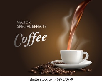 pour hot coffee into coffee cup, brown background, 3d illustration