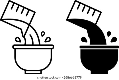 Pour Icons. Black and White Vector Illustrations. Pouring Water from a Measuring Cup into a Bowl. Cooking Concept