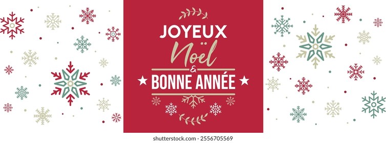 Bannière pour les fêtes de fin d'année - Illustration festive pour célébrer Noël et la nouvelle année - Textes et éléments graphiques - Ensemble d'étoiles et flocons de neige - Vecteur moderne