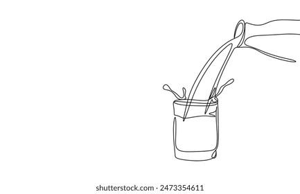 Pour milk from bottle to glass one line continuous. Line art bottle and glass milk. Hand drawn vector art.