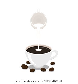 Pour the milk into the coffee. Espresso coffee vector. Coffee cup and Coffee beans on white background.