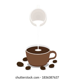 Pour the milk into the coffee. Espresso coffee vector. Coffee cup and Coffee beans on white background.
