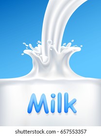 Pour milk into a container, vertical cover banner. Vector illustration