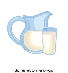 Pour milk into a jug. Vector Illustration. Isolated on white.