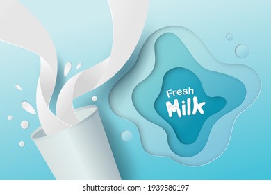 Pour Milk Into A White Paper Cup On A Blue Background Paper Cut Style Art Vector Illustration And Design