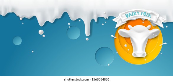 Pour milk on a blue background, template for advertisement, vector illustration and design.
