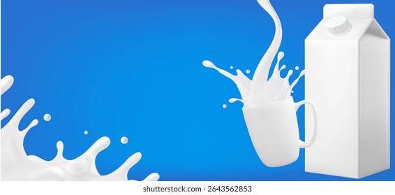 Pour milk from on a blue background. art 3D vector illustration and design, Dairy poster. Milk products ads placard Mesh gradient wes
 
