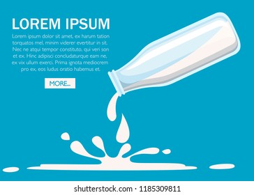 Pour milk from plastic bottle. Glass bottle. Web site page and mobile page design. Flat vector illustration on turquoise background.