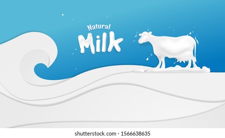 Pour milk from a white paper cup on a blue background. art style paper cut, vector illustration and design.