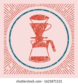 Pour Over. Alternative coffee brewing method illustration. Hand lettering overlayed with line coffee maker icon in frame. Vintage letterpress effect. Two color print. Square label.