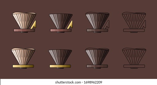 Pour over alternative coffee maker. Coffee cone vector illustration on brown background.