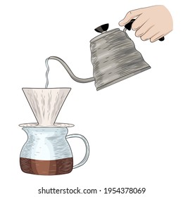 Pour over coffee brewing. Hand drawn vector illustration. hand drawn sketch engraving illustration. Black white coffee machine isolated on white background. For menu, coffee shop, poster, postcard.