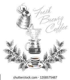 Pour over coffee brewing with coffee plant. Coffee shop and cup of coffee. Hand drawn vector illustration.