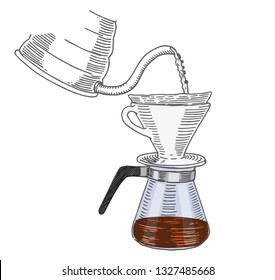 Pour over coffee brewing. Coffee shop and cup of coffee. Hand drawn vector illustration.