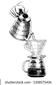 Pour over coffee brewing. Coffee shop and cup of coffee. Hand drawn vector illustration.