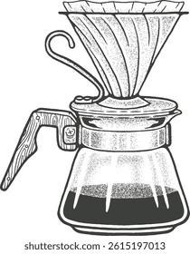 pour over coffee dripper, Detailed hand-drawn vector sketch with stipple shading style.