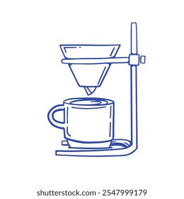 Pour over coffee dripper with filter and cup drawn in clean blue line art style. Minimal coffee brewing equipment vector illustration isolated on white background, perfect for cafe menus, coffee shop branding, packaging, posters, brewing guides and barista designs.