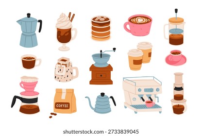 Pour over coffee and espresso brewing elements set for web and print. Modern vector elements featuring espresso machine, aeropress, and coffee tools ideal for web banners, blogs, and cafe materials.