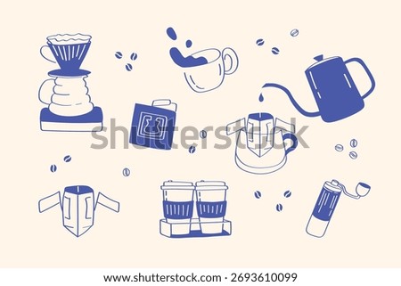 Pour over coffee and espresso brewing elements set for web and print. Modern vector elements featuring espresso and V60 pour-over tools ideal for web banners, blogs, and cafe materials.