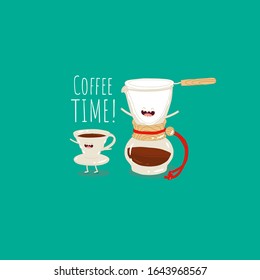 pour over coffee filter coffee brew, coffee dripper. Funny food. Vector illustration. Use for the menu, in the shop, in the bar, the card or stickers.