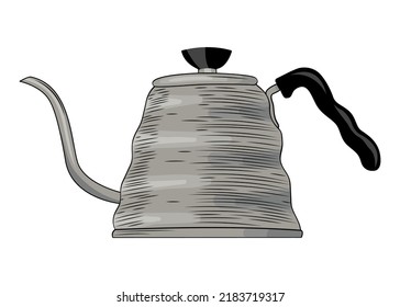 Pour over Coffee Kettle. Gooseneck.  Barista tools. Hand drawing sketch engraving illustration. 