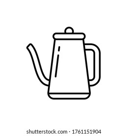 Vierta por el hervidor de café. Icono lineal de una olla de punzón con nariz larga. Simple ilustración negra de la tetera de mano para barista. Emblema de utensilios de cocina. Contexto vectorial aislado, fondo blanco