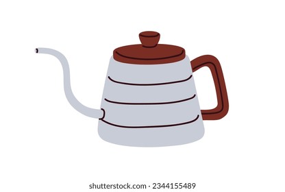 Pour über Kaffeekessel, Maker. Metallgosenecktopf zum Brennen, Herstellen von Kaffee. Kaffeemaschine aus Aluminium mit langer Wellenausspur. Flache Vektorgrafik einzeln auf weißem Hintergrund