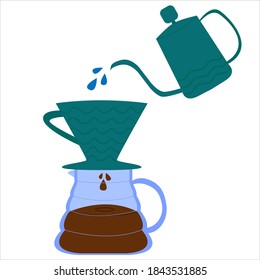 Pour over coffee maker brewing  in flat cartoon style isolated on white background.The Clever Dripper.