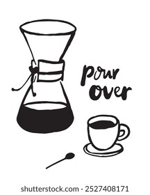 Pour over coffee maker and cup, hand drawing, modern black bold line doodle art