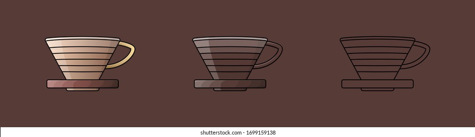 Pour over coffee maker dripper. Vector illustration. Black line on brown background