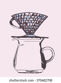 Pour over coffee maker, Hand drawn coffee poster. vector illustration