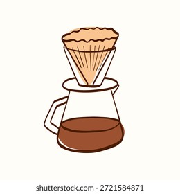 Pour over coffee maker with paper filter in simple hand-drawn style on a light background. Minimal brewing element for cafe branding, coffee packaging, menus, stickers and kitchen designs.