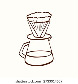 Pour over coffee maker with paper filter in simple hand-drawn style on a light background. Minimal brewing element for cafe branding, coffee packaging, menus, stickers and kitchen designs.