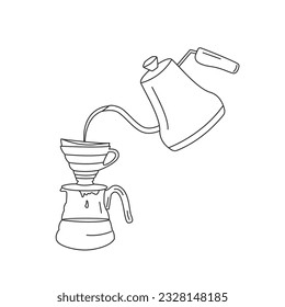 Pour over drip coffee artwork. Manual alternative coffee brewing technique and method. Hand drawn outline vector illustration isolated on background.