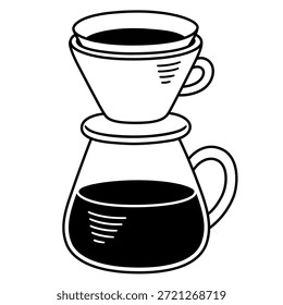Vierta sobre el método de fabricación de café por goteo. Doodle blanco y negro. Simple mano dibujado Ilustración vectorial de dibujos animados.