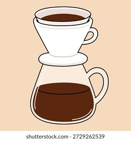 Pour over drip coffee making method. Simple hand drawn cartoon vector illustration.