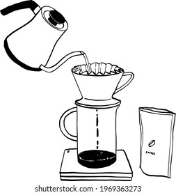 Pour Over Hand drip Coffee brewing Hand drawn style illustration