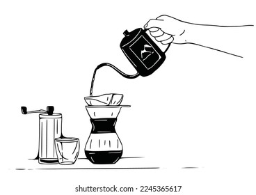 Pour Over Hand drip Coffee brewing Hand drawn style illustration