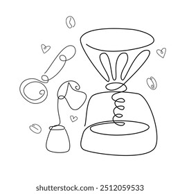 Pour over, the kettle, cup, and packet of milk. Coffee time composition. Line art, retro. Vector illustration for coffee shops, cafes, and restaurants.
