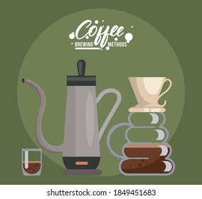 métodos de elaboración de café por vertido y percolador diseño de ilustraciones vectoriales