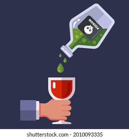 vierta veneno en un vaso de vino. asesinato secreto de una persona por envenenamiento. ilustración vectorial plana.