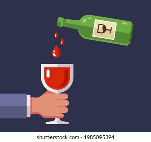 vierte vino tinto de una botella en un vaso. ilustración vectorial plana.
