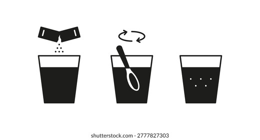 Pour sachet bag with soluble powder into glass of water icon. Open paper pack stick with powder and stir. Soluble bag medication or food sugar, salt, coffee. Symbol pouch. Vector illustration