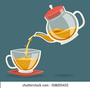 Pour Tea Drink from Glass Teapot Transparent Stream Flow Water Retro Vintage Cartoon Icon Design Vector Illustration