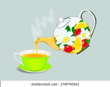 Pour tea from the teapot into a Cup. Flat style tea party. Time for tea. Chamomile, lemon, rosehip, mint. Vector