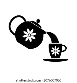 Pour tea from a teapot into a cup, black sign for design on a white background, vector illustration